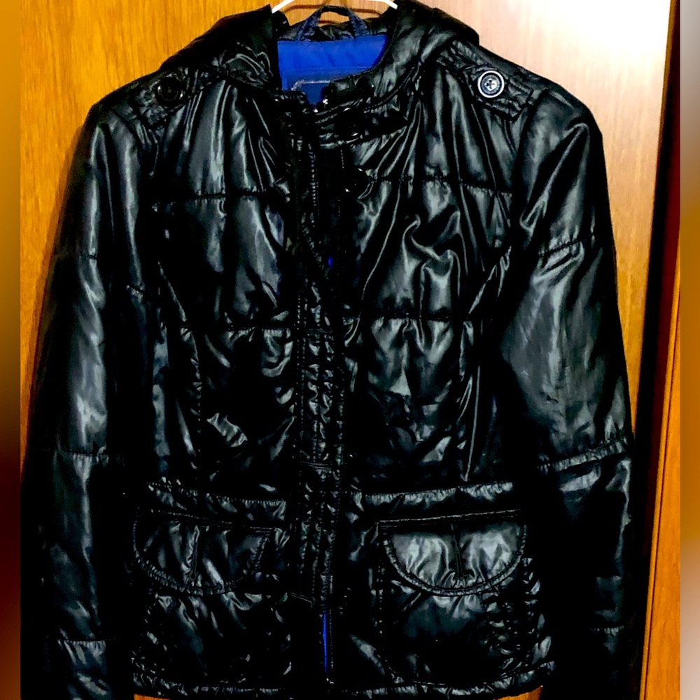 American Eagle Womens Puffer Coat Jacket Black Hooded Size Large